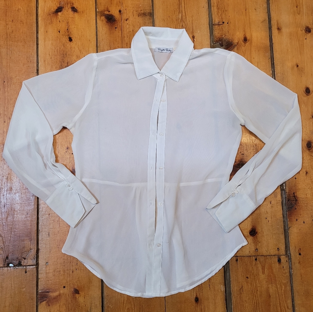 Brigitte Bailey Sheer Long Sleeve Button Up White Blouse Sz Small